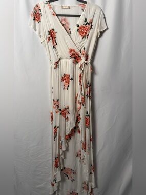 Altar’d State Floral Wrap Maxi Dress Ivory Pink Hi-Low Medium